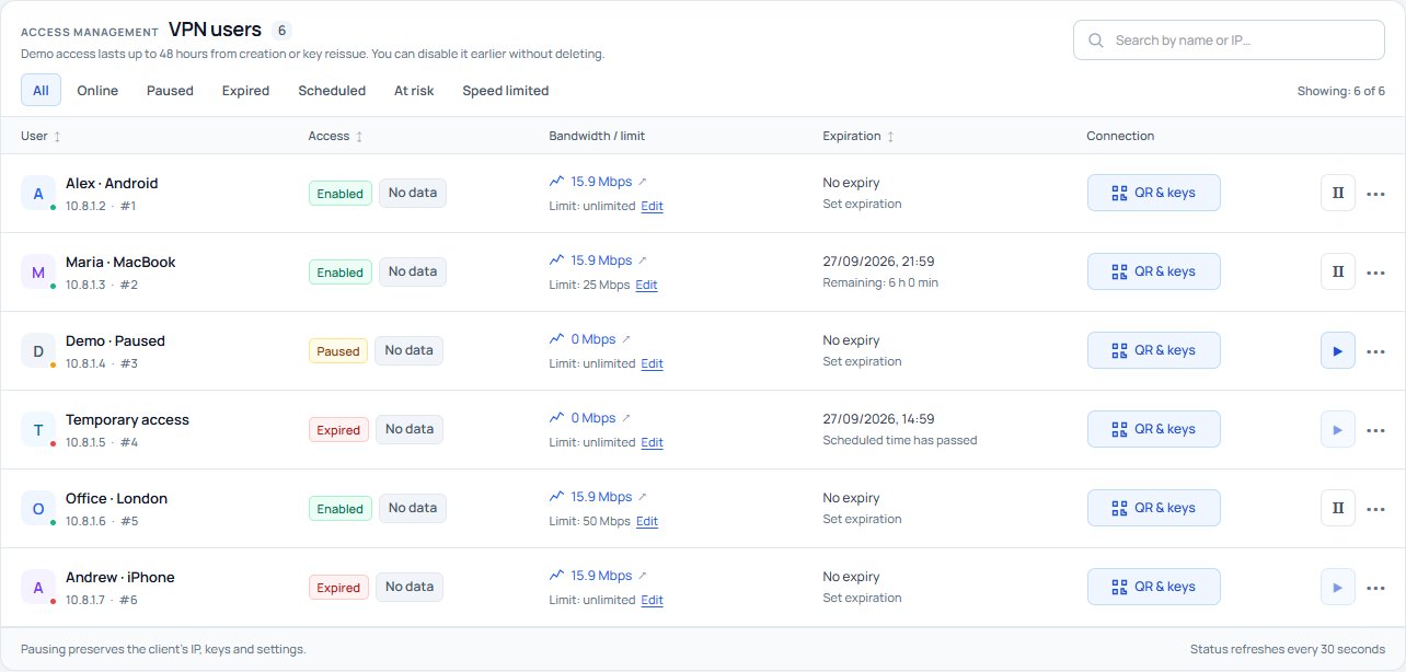 VPN users, statuses and access expiry; sample data